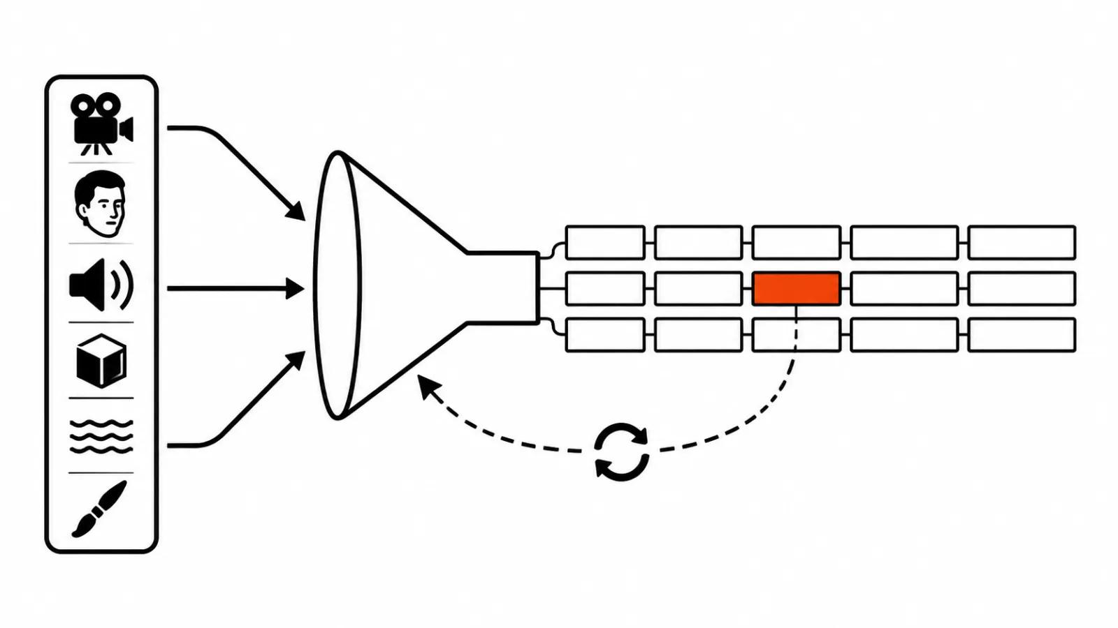 Pipeline diagram: a stack of models funnels into one timeline with a reshoot loop back
