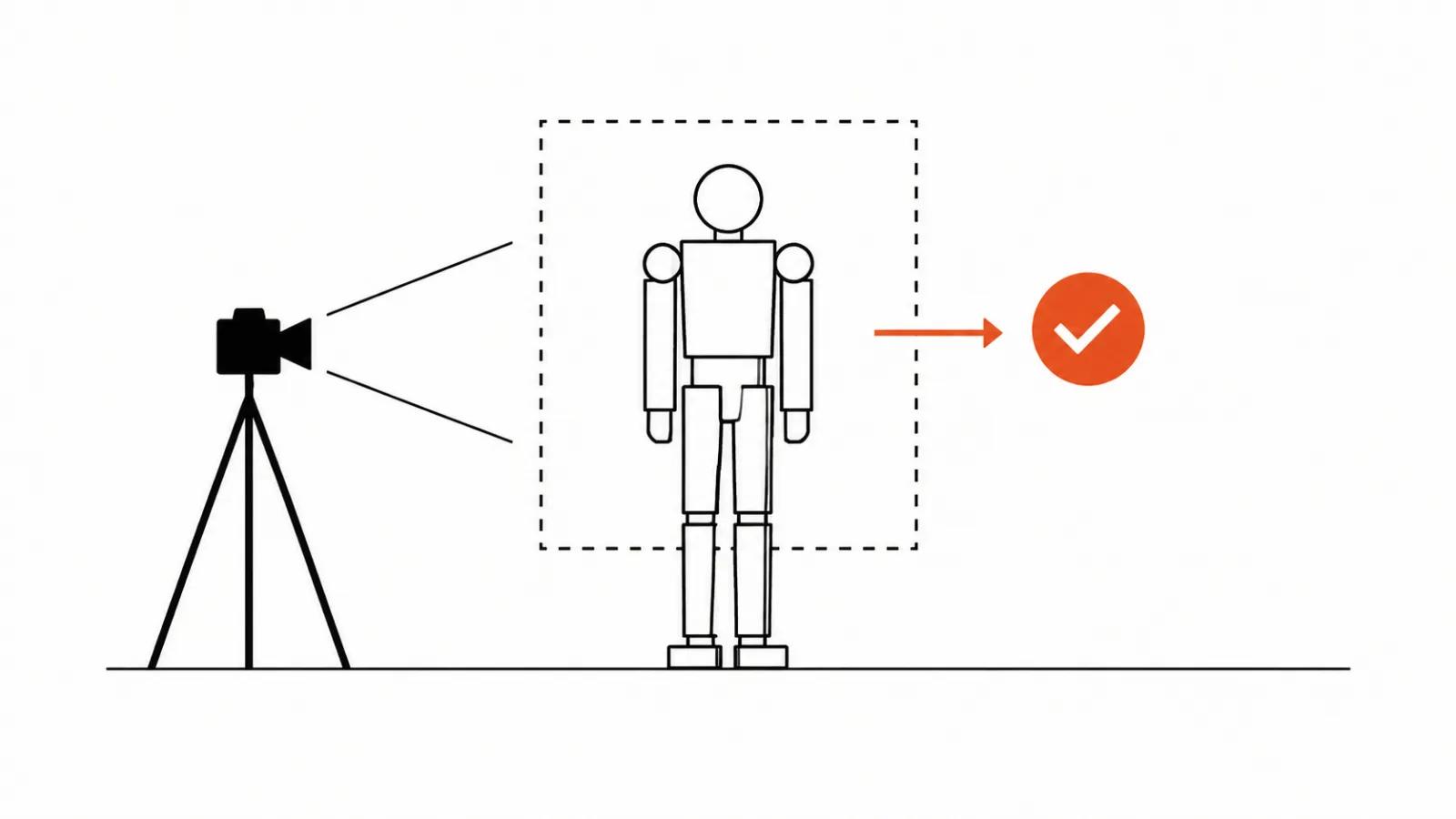 Blocky mannequin with a camera on a tripod: a rough previz checked before the expensive render