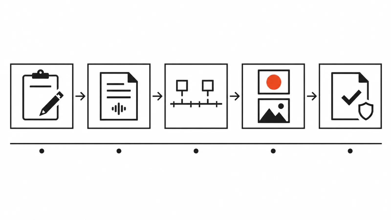 Diagram of a 2D animation order: five stages as pictograms from brief and script to styleframes and acceptance